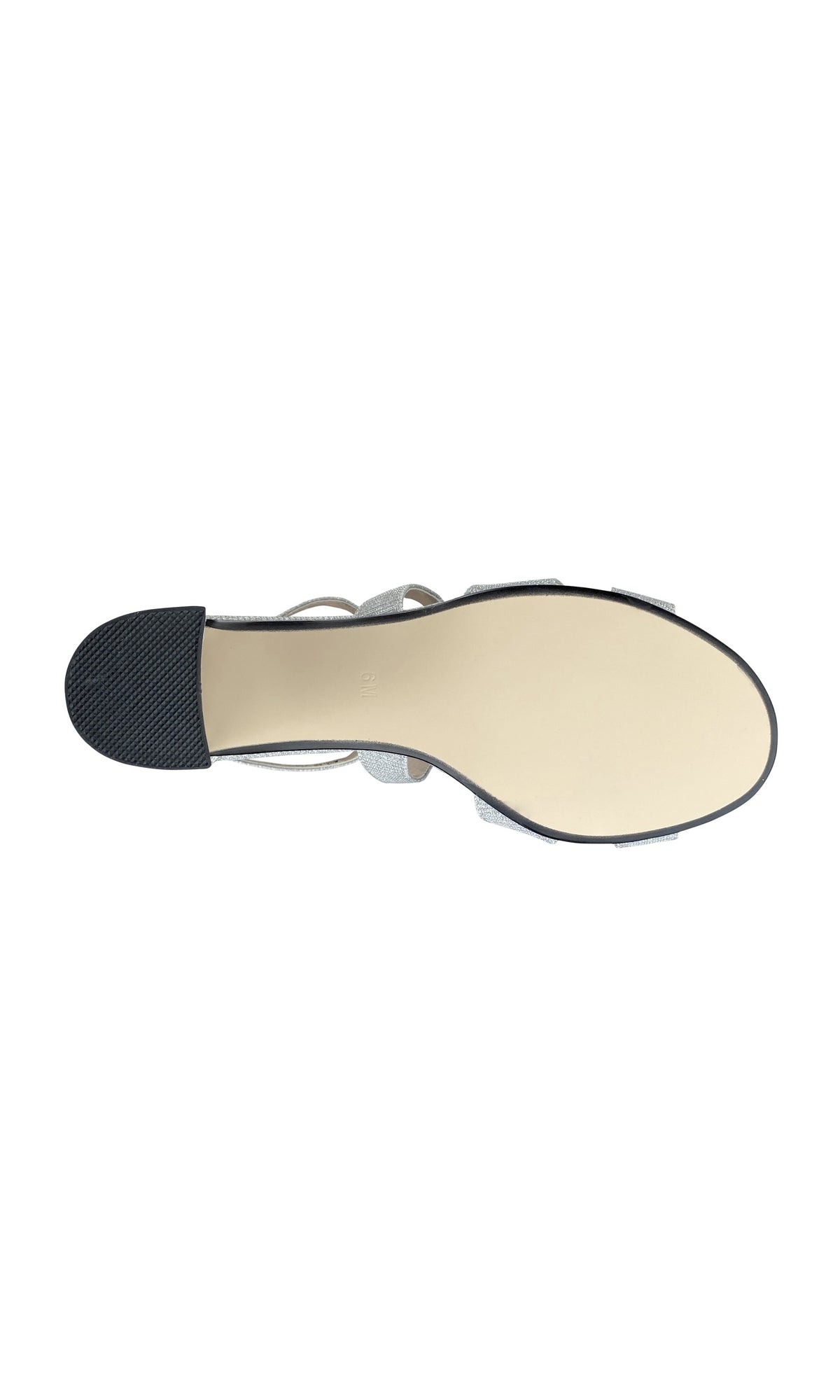 Bottom view of the Aubrey Silver Prom Shoes by Touch Ups 4498, showing a smooth beige sole, a textured black block heel, and glimpses of upper straps—offering a chic look ideal for prom.